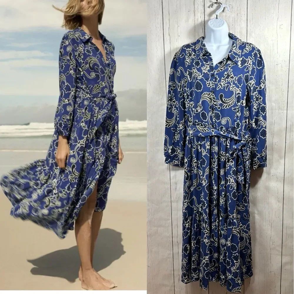 Zara Womens Blue Floral Belted Shirt Midi Dress Cottagecore Coastal Resortwear